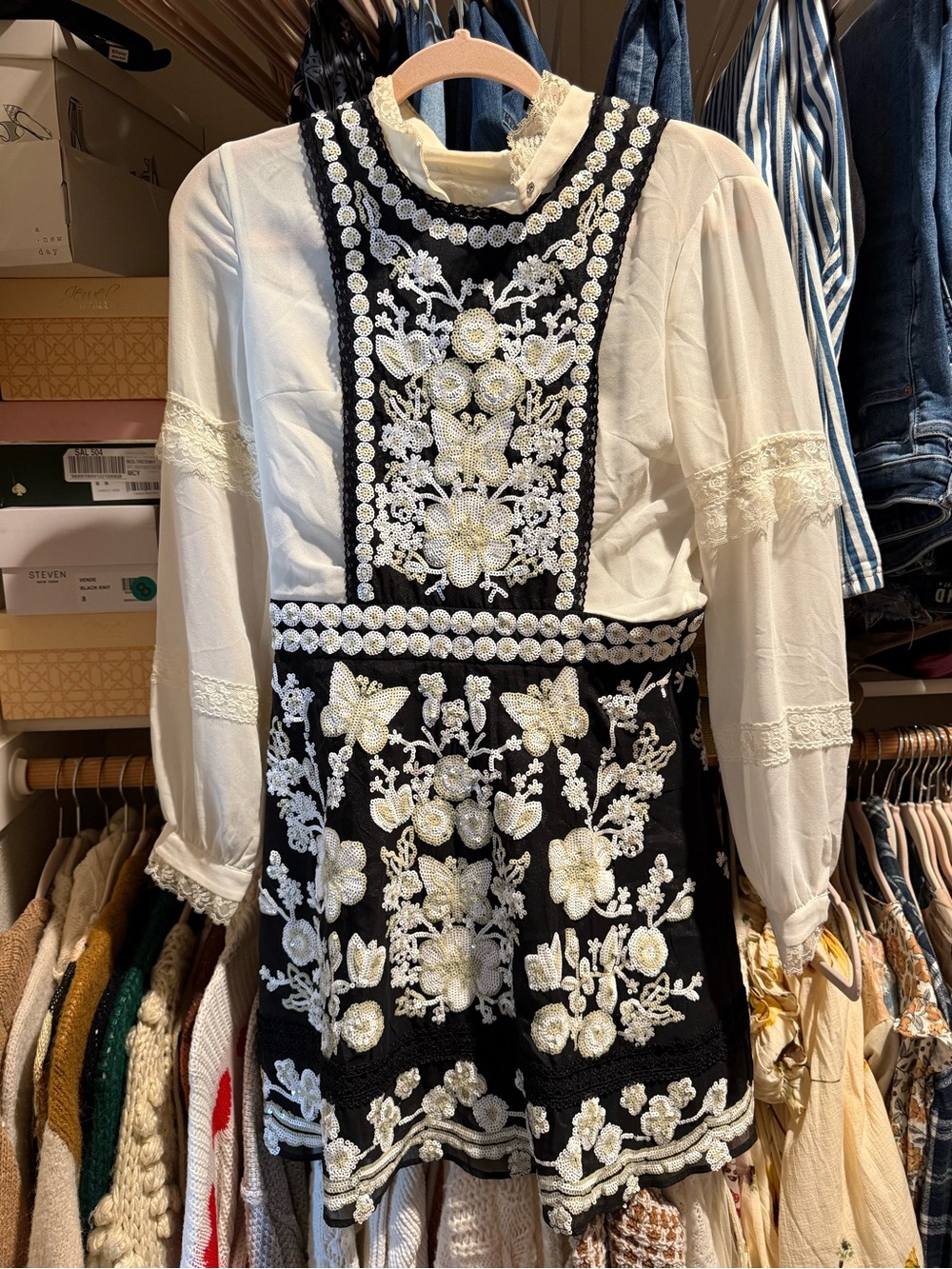 Black Embroidered Floral Pinafore with Ivory Accents